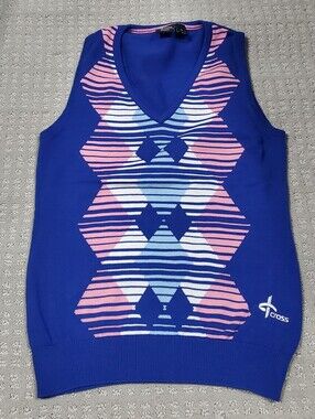 Cross Women's V-neck Sweater Vest Distinctive Blue,pink and White Size Small